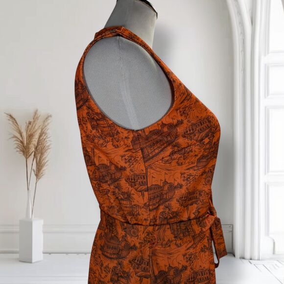 Vintage 60s Mod Belted Shift Dress Size S Orange Americana Print Old West - Picture 8 of 14